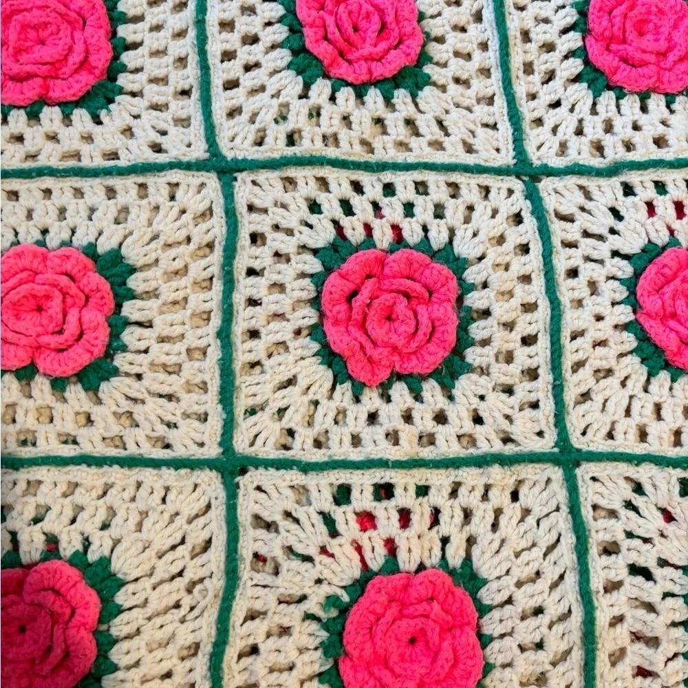Vintage Handmade Crochet Afghan With 3D Flower Pattern